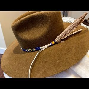 Charlie Horse Boho Cowboy Hat with Beaded Band Detail and Feather, Like NEW
